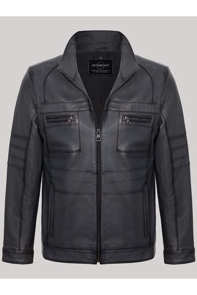 Derimont's Genuine Leather Gray Zippered Men's Leather Jacket with Pocket Detail
