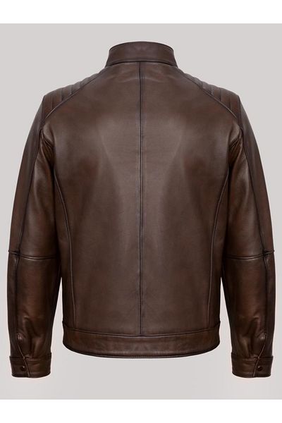 Derimont's Genuine Leather Brown Stand Collar Shoulder Embroidered Men's Leather Jacket