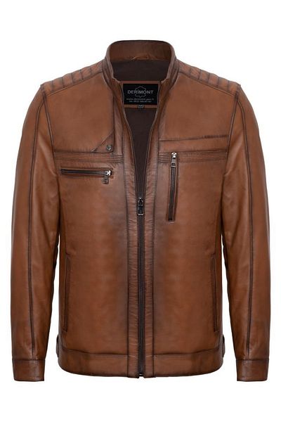 Derimont's Genuine Leather Tan Embroidered Men's Leather Jacket with Four Pockets
