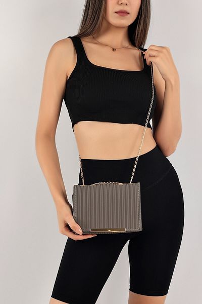Elentra Anthracite Evening Bag, Satin Look Gold Clip Handbag, Women's Evening Bag with Chain Strap
