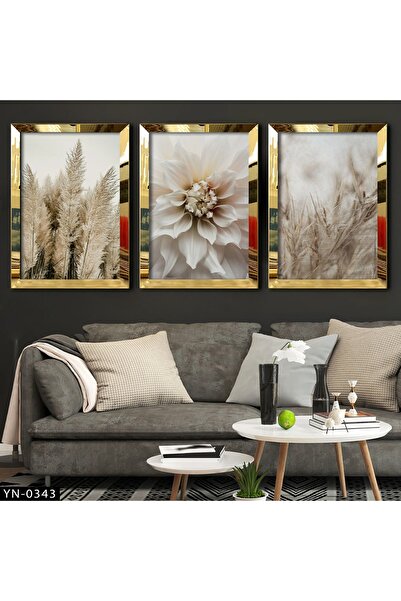 tablom burada Pampas Otu Ve Beyaz Çiçekler Gold Ayna Çerçeveli Tablo 3'lü Set