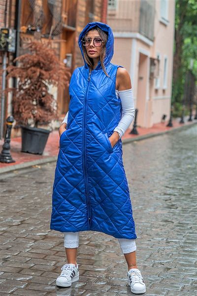 Keyifli Moda Women's Saks Blue Hooded Pocketed Diamond Pattern Long Puffer Vest