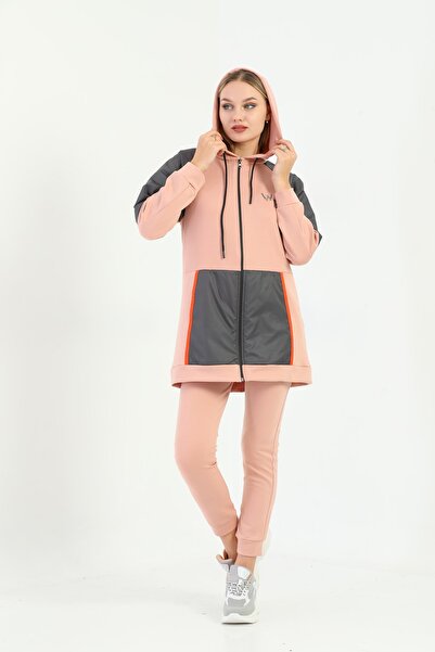 WestBound Pudra, Cep Ve Kol Deri Görünümlü Kanguru Cepli Kapüşonlu Eşofman Ta...