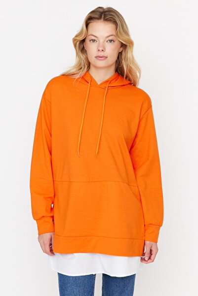 Trendyol Modest Hooded Orange Knitted Sweatshirt - Garni Detail, TCTAW23TW00181