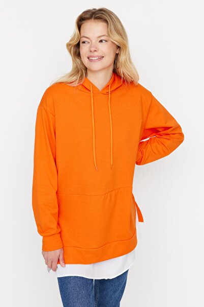 Trendyol Modest Hooded Orange Knitted Sweatshirt - Garni Detail, TCTAW23TW00181
