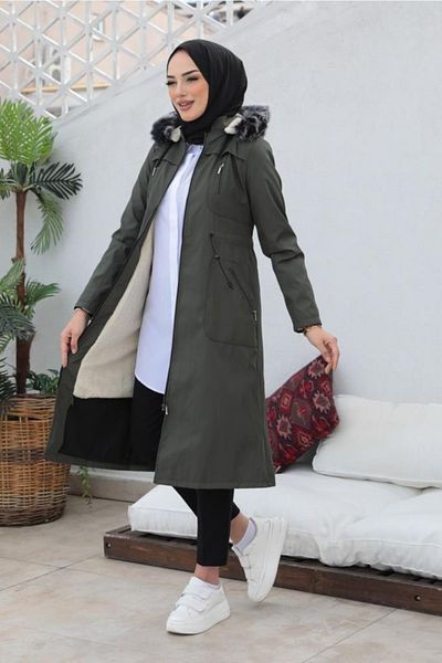 benguen 1017 Bondit Hijab Παλτό Χακί με Γούνα Εσωτερικά