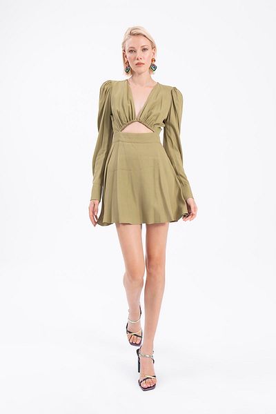 FASHION COCKTAIL Rochie de seară cu umăr umflat cu decolteu în V cu fereastră decoltată pe burtă Verde olive