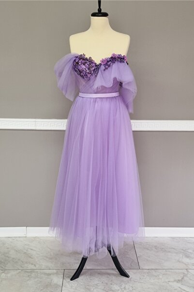 Lenta Moda Lila Drapeli Ve Dantel Detaylı Abiye Ve Gece Elbisesi