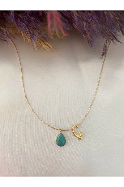 Asia by Leuvoié Ç Harfli Yeşil Mineli Damla Kolye