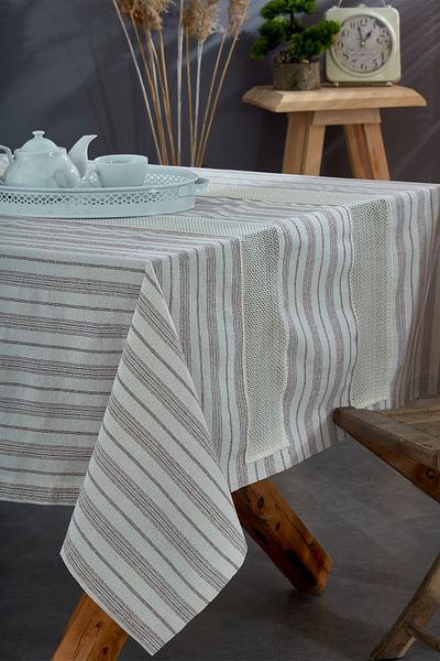 vivamaison Washed Cotton Burgundy Striped Ruched Tablecloth