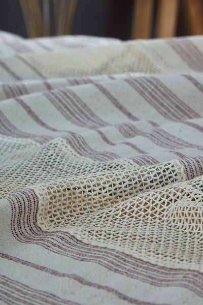 vivamaison Washed Cotton Burgundy Striped Ruched Tablecloth