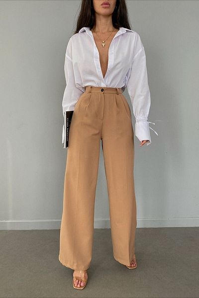 Ramrod Daisy Gold Milk Coffee πλισέ γυναικείο φαρδύ ύφασμα 90's Super ψηλό φαρδύ παντελόνι Palazzo