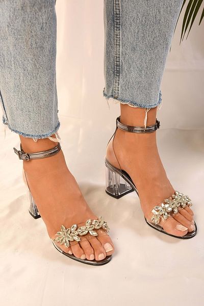 Shoeberry Women's Maggie Platinum Transparent Stone Heeled Single Strap Shoes