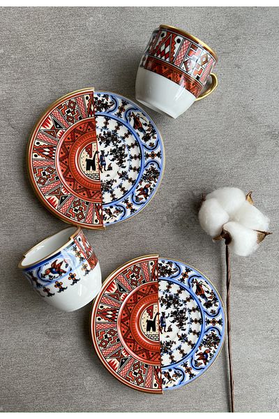 porselenden Kütahya Double Pattern Nora Series Porcelain Coffee Cup Set for 2 Persons Serving Presentation Set