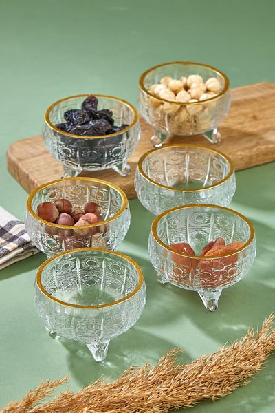 Zeryas Home 6 Pieces Gold Gilded Footed Presentation Bowl & Sugar Bowl & Turkish Delight Bowl Snack Bowl
