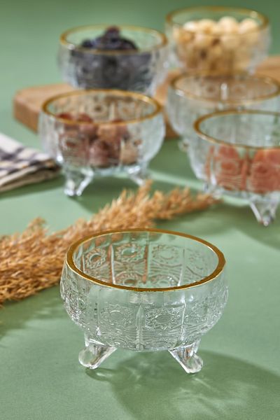 Zeryas Home 6 Pieces Gold Gilded Footed Presentation Bowl & Sugar Bowl & Turkish Delight Bowl Snack Bowl