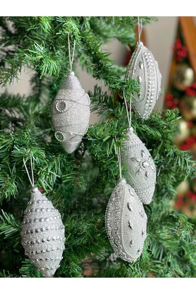 QUEEN AKSESUAR Imported Luxury Collectible New Year New Year Authentic Glitter Embroidered 2-Piece Pine Tree Ornament Silver Drop