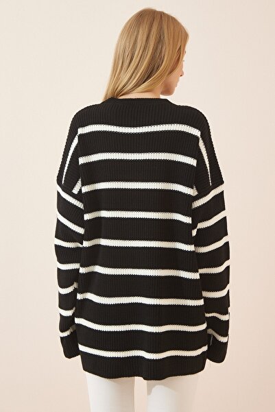 Happiness İstanbul Schwarz gestreifter, langer Oversize-Strickpullover für Damen YY00078