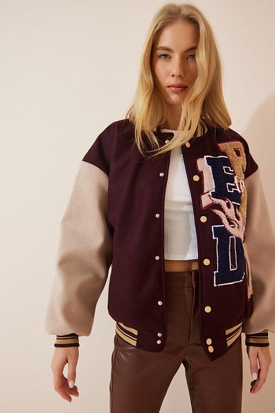Happiness İstanbul Women's Brown Embroidered College Bomber Stamp Coat HM00051
