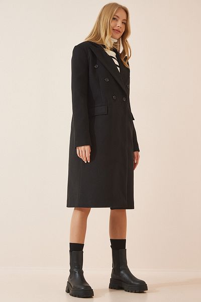 Happiness İstanbul Women's Black Masculine Style Stamp Coat TO00035