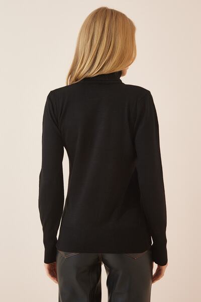 Happiness İstanbul Pulover de damă negru cu mâneci cu balon, tricotaj, DD01126