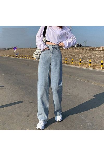 Livik Blugi din denim cu lycra cu talie înaltă albastră Moher - picior lat