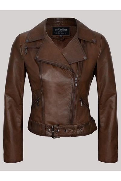 Derimont's Genuine Leather Brown Belted Side Zipper Women's Leather Jacket