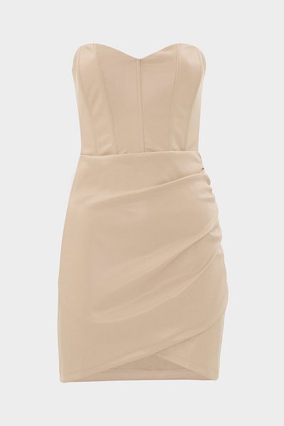 Açelya Okcu Strapless Faux Leather Dress with Drape Detail