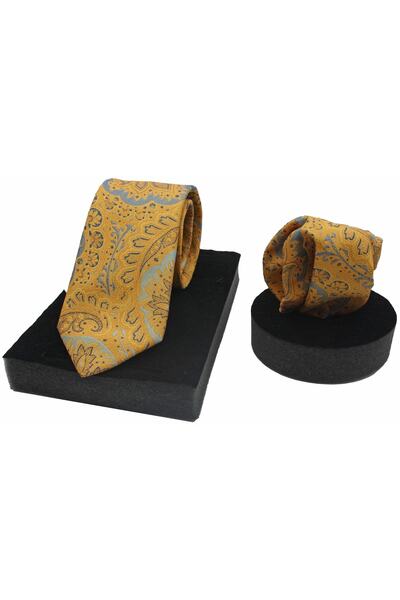 N-CHIC Man Şal Desen Mikrofiber Dokuma Kravat Ve Mendil Seti Hediye Kutulu