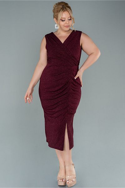 Abiyefon Burgundy Double Breasted Collar Sleeveless Midi Glitter Plus Size Evening Dress Abk1492