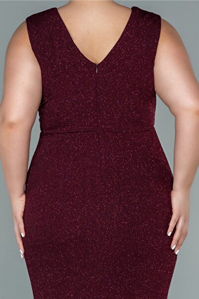 Abiyefon Burgundy Double Breasted Collar Sleeveless Midi Glitter Plus Size Evening Dress Abk1492