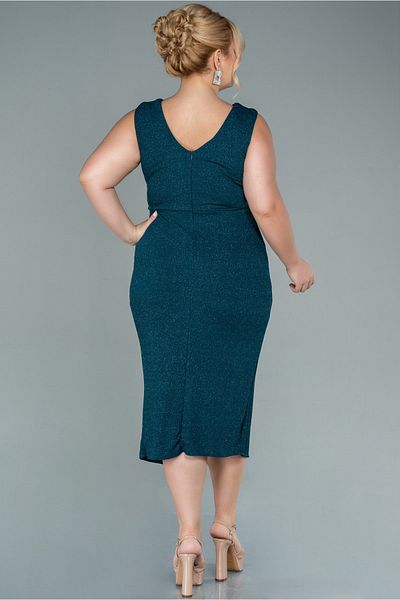 Abiyefon Emerald Green Double Breasted Collar Sleeveless Midi Glitter Plus Size Evening Dress Abk1492