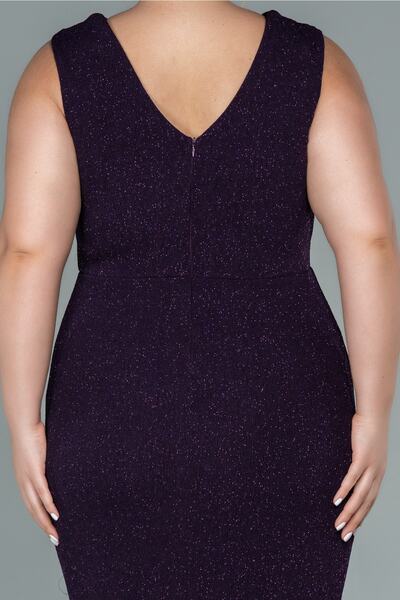 Abiyefon Dark Purple Double Breasted Collar Sleeveless Midi Glitter Plus Size Evening Dress Abk1492