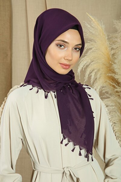 Naz Ipek Mürdüm Renk El Işi Boncuklu Yazma 110cm X 110cm Eşarp
