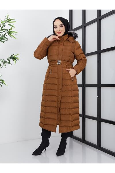 KMKkombin Kadın Tam Boy Uzun Yoğun Elyaflı Kapşonu Kürklü Tesettür Şişme Mont