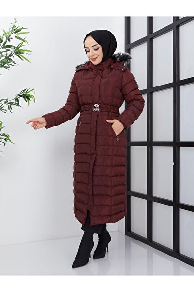 KMKkombin معطف نسائي طويل من الألياف الكثيفة بغطاء للرأس من الفرو