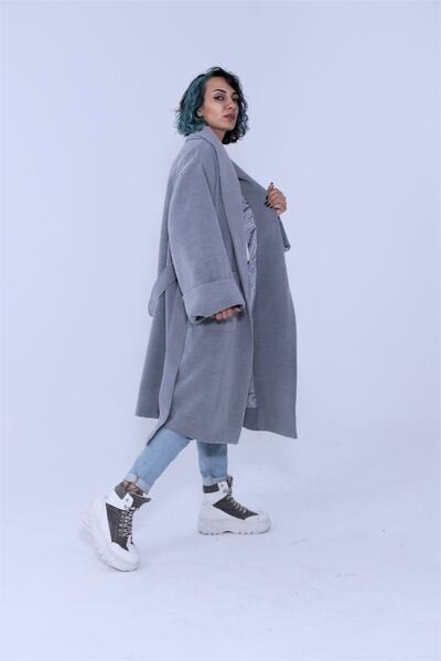 OCTO Handcraft Geniş Şal Yakalı Ve Duble Kollu Kuşaklı Oversize Retro Kalın Kaşe Kaban