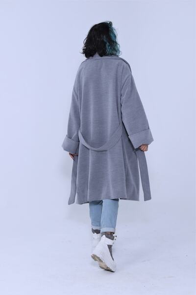 OCTO Handcraft Geniş Şal Yakalı Ve Duble Kollu Kuşaklı Oversize Retro Kalın Kaşe Kaban