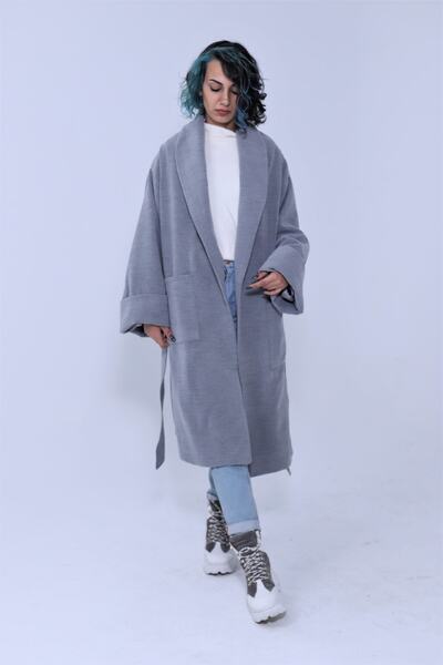 OCTO Handcraft Geniş Şal Yakalı Ve Duble Kollu Kuşaklı Oversize Retro Kalın Kaşe Kaban