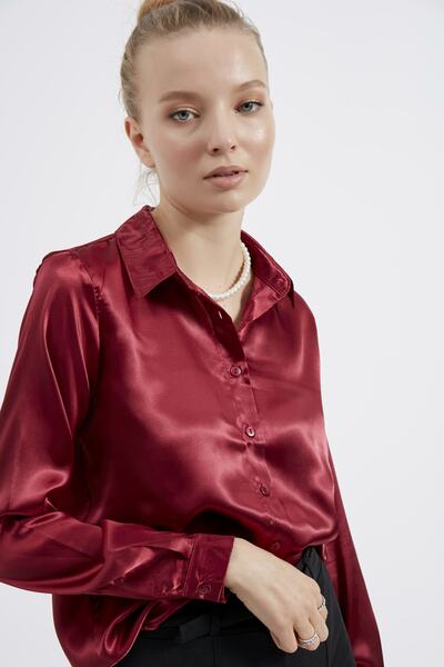 MEECY Kadın Bordo Saten Gömlek