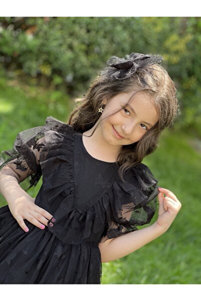 ABİYEKİDS Černé dětské společenské šaty s motýlkovým vzorem a vlečkou Aby4523