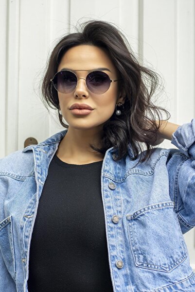 Angel Eyes Women's Sunglasses Round Bridge Detailed Gold Frame Black Glass