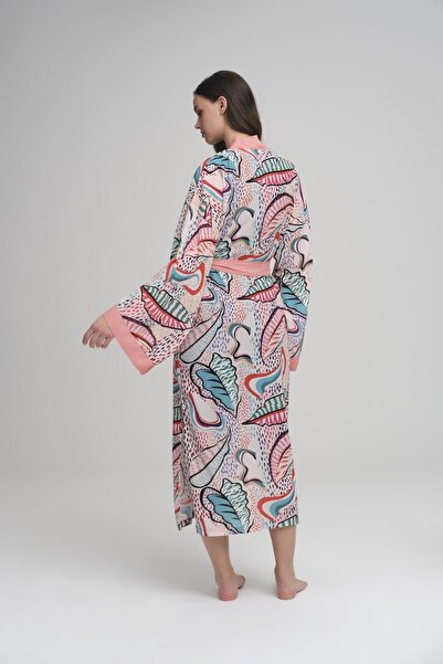 Haşema Renkli Yaprak Desenli Pudra Uzun Kimono