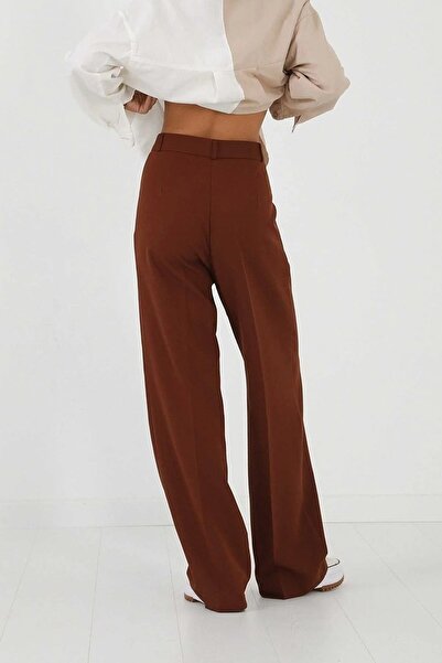Livik Younger Brown Pleated Women's Loose Fabric 90's Super High Loose Leg Palazzo Trousers