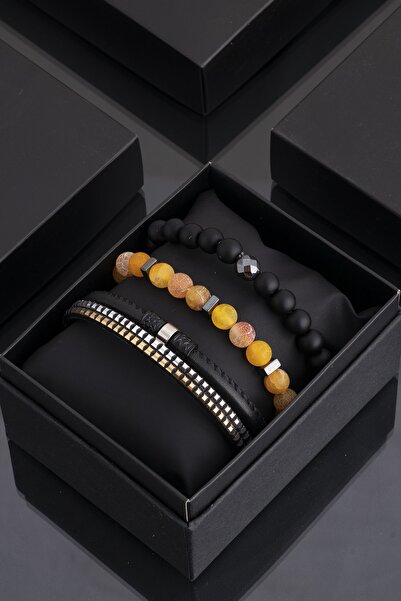 Sortie Aksesuar Hakiki Deri, Hematitli Ve Doğal Taşlı Erkek 3'lü Kombin Bilek...