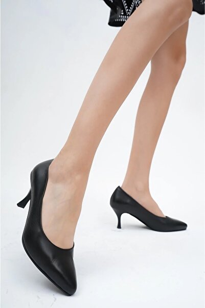 Deripabuc Genuine Leather Black Women's Heeled Leather Shoes Shn-0224