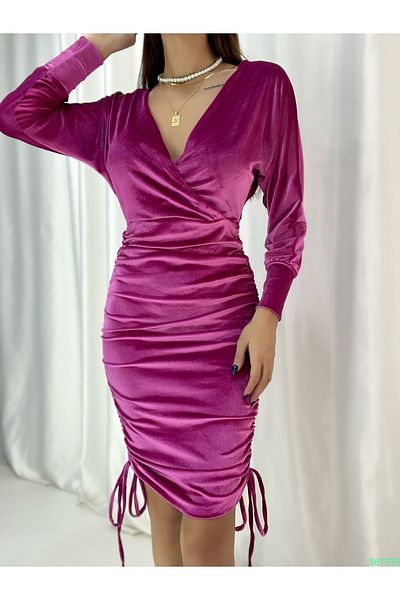 rengamoda Rochie de damă, roz, cu guler dublu, din catifea adunată