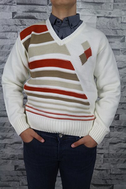 Bilgiçler Men's White V-Neck Sweater