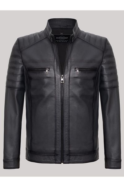 Derimont's Genuine Leather Black Shoulder Sleeve Embroidered Zippered Men's Leather Jacket