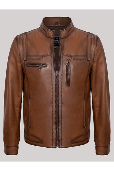 Derimont's Genuine Leather Tan Stand Collar Zippered Men's Leather Jacket
